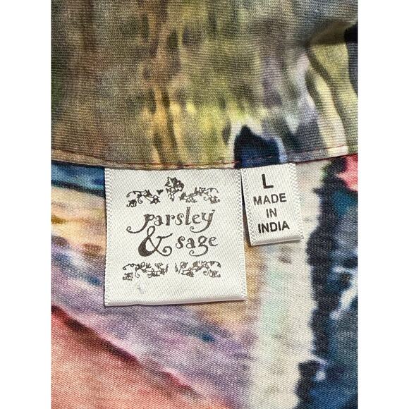 Parsley & Sage Button Up Shirt Collar Stretch Graphic Art-to-Wear Womens Large - Picture 2 of 7